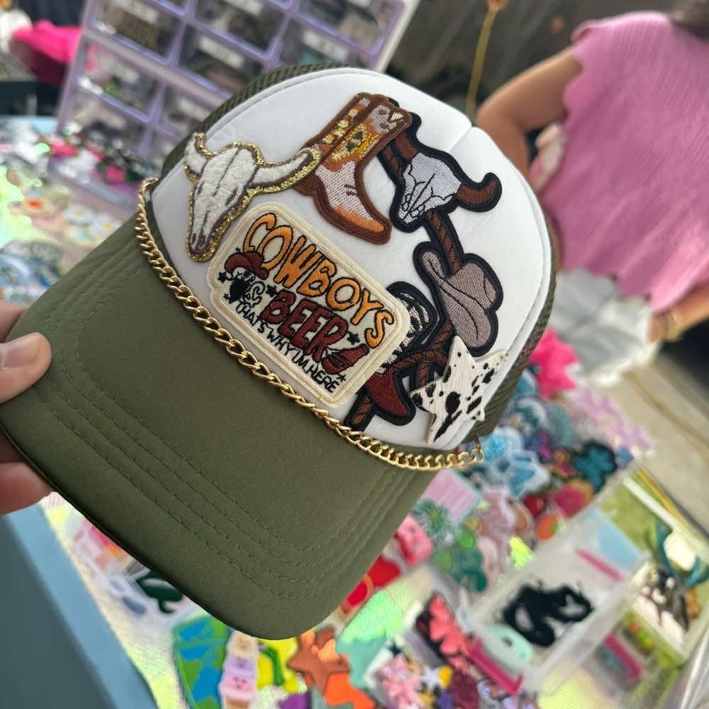 Cowboy Patch Trucker Hat - Olive/White